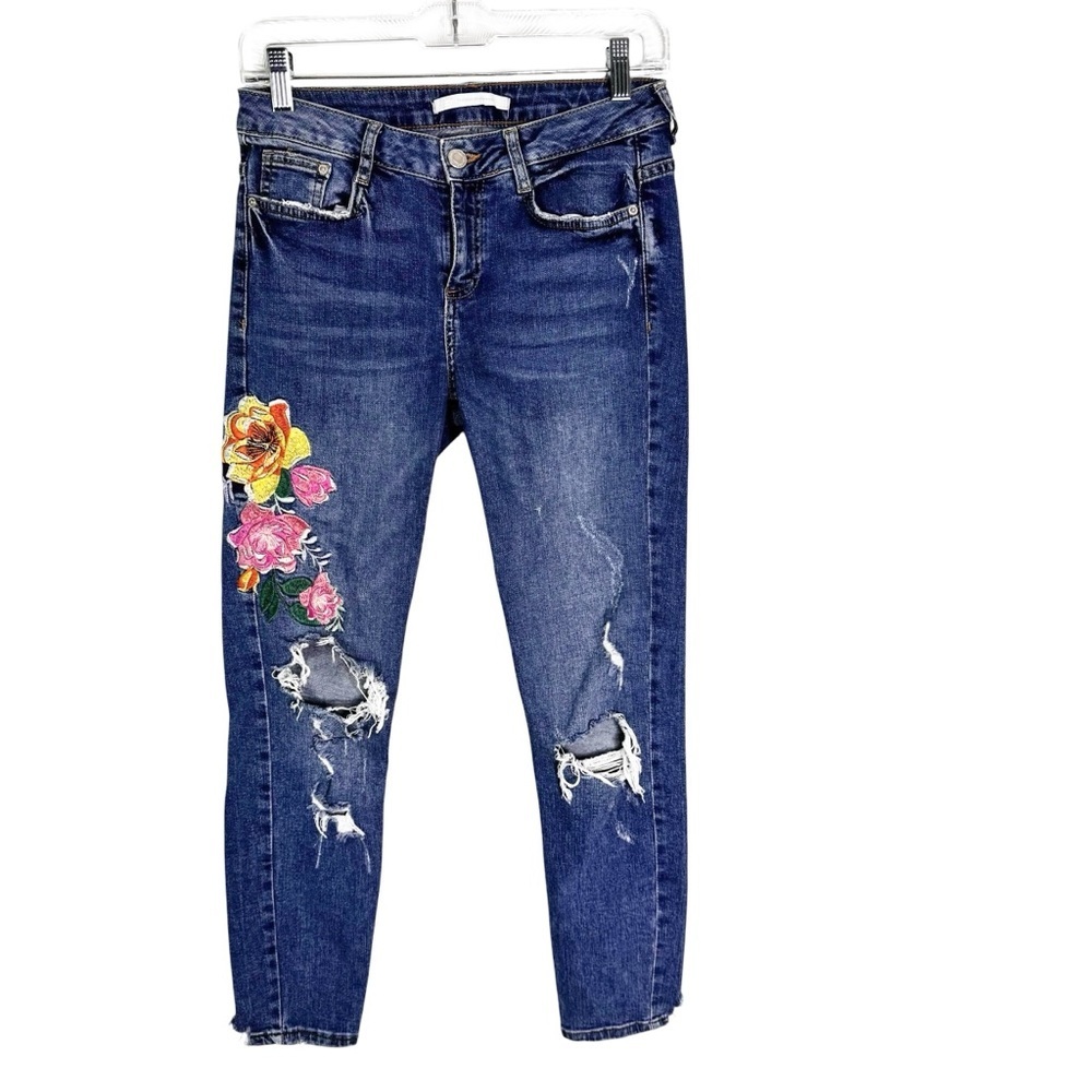 Zara Floral Embroidered Destroyed Ankle Jeans Size 4 - Picture 2 of 12